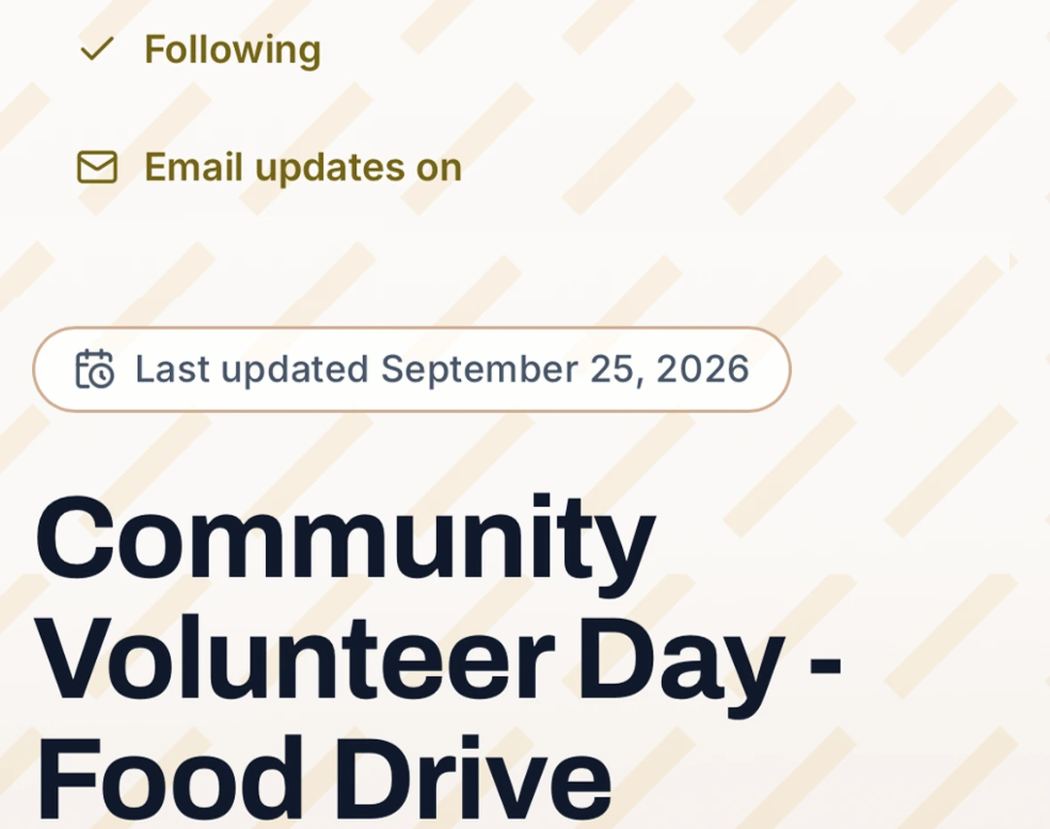 A published plan showing Following, Email updates on, a Last updated September 25, 2026 badge, and the event title Community Volunteer Day - Food Drive.