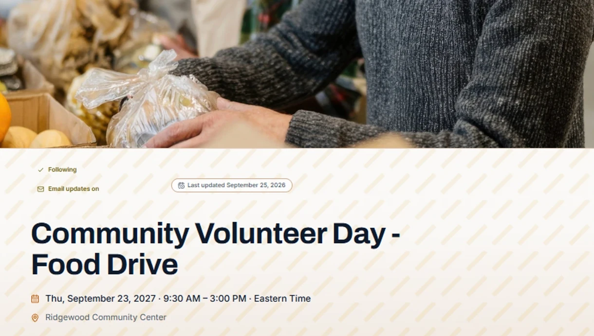 A published plan's title, Community Volunteer Day - Food Drive, with its date, start and end time, time zone and location.
