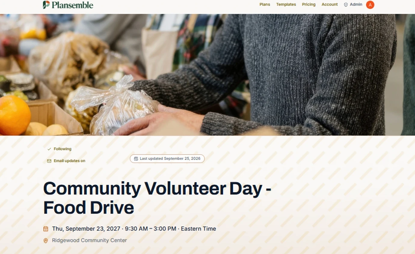 A published Plansemble plan as a participant sees it on a computer: the event's banner photo, the title Community Volunteer Day - Food Drive, the date and time, and the location.