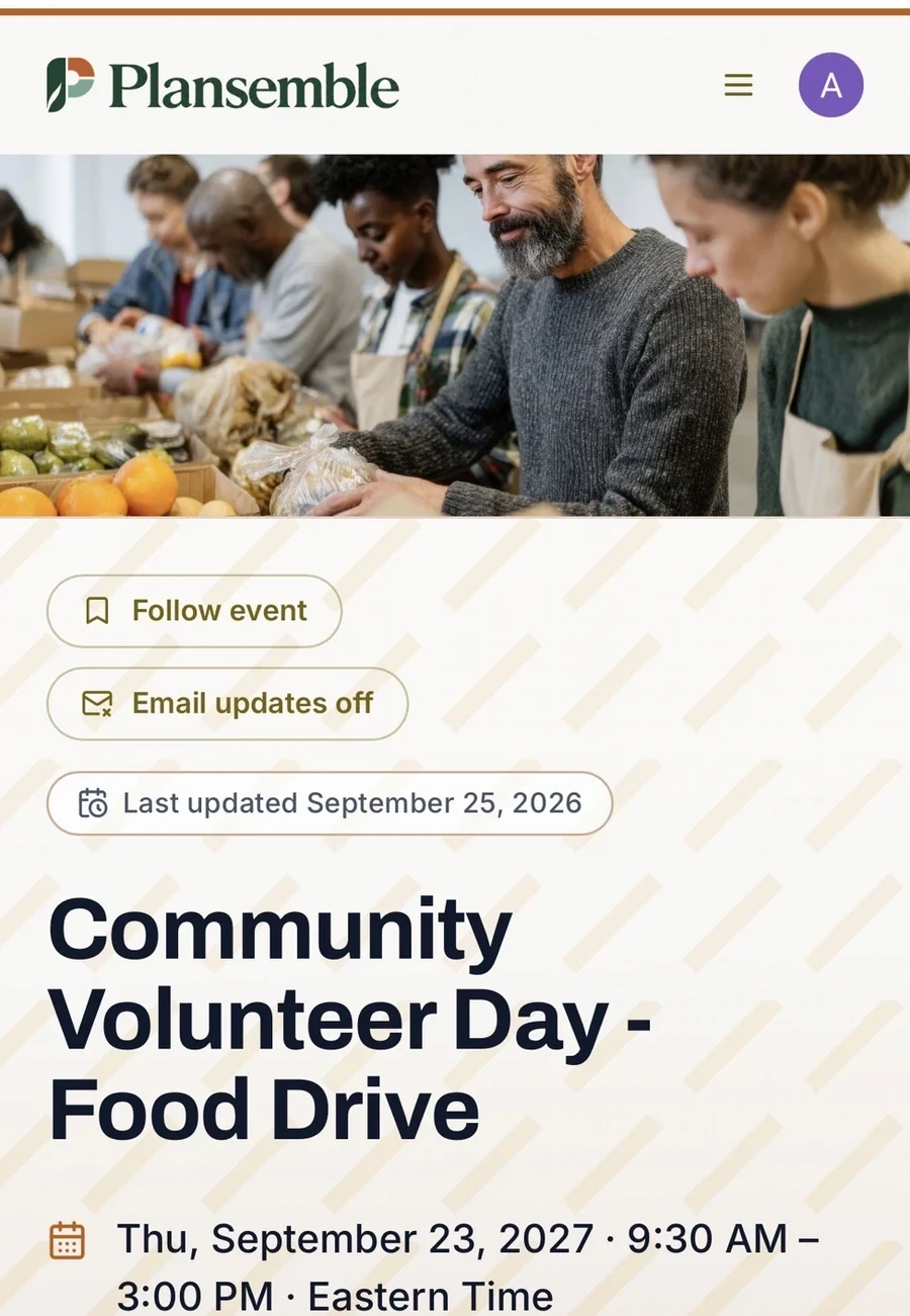 The same Community Volunteer Day plan on a phone, with Follow event, email updates, when it was last updated, the title, date and location.
