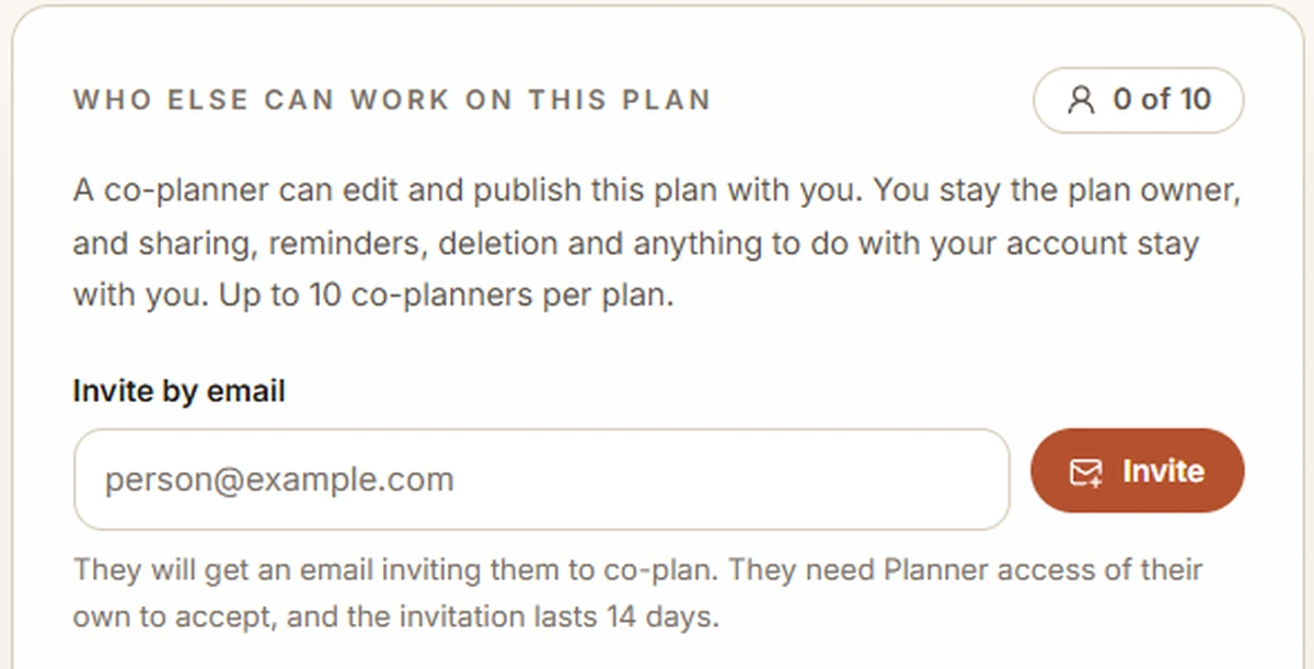 The co-planner panel of a plan: who else can work on this plan, 0 of 10 used, an explanation that a co-planner can edit and publish while you stay the plan owner, and an invite by email field.